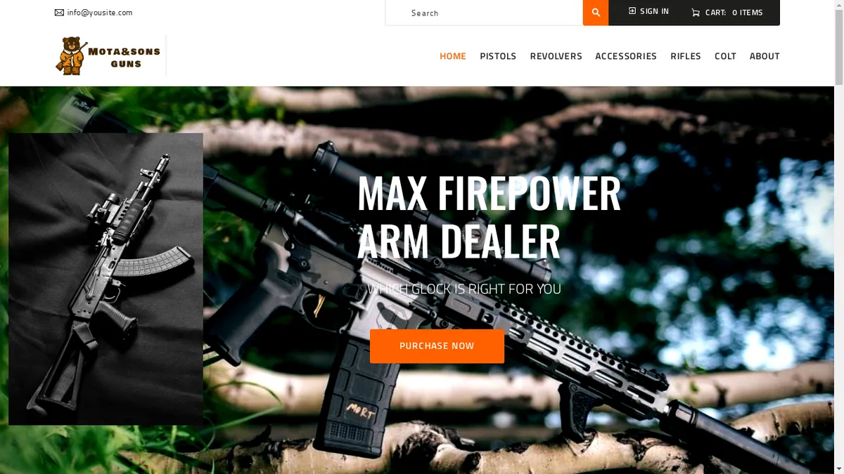 This is a screenshot of Motaandsonsgun.com Motaandsonsgun.com Screenshot