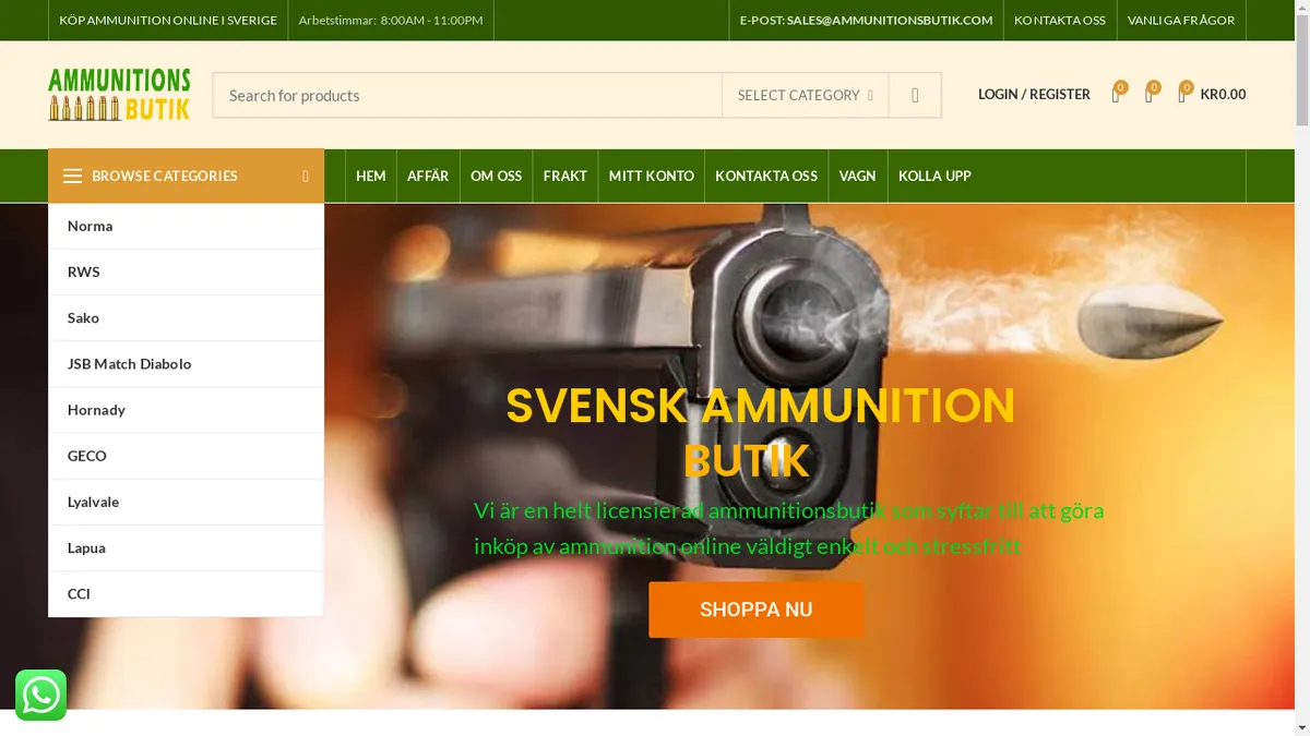 This is a screenshot of Ammunitiononlinebutik.com Ammunitiononlinebutik.com Screenshot