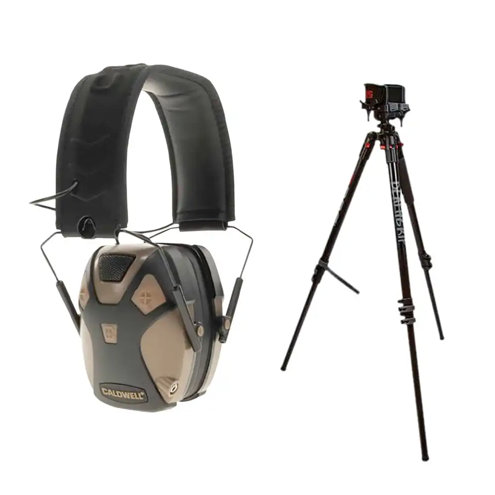 Bog-Pod DeathGrip 9"-59" Aluminum Tripod, Black w/ E-Max Pro Earmuffs, FDE - 1209955