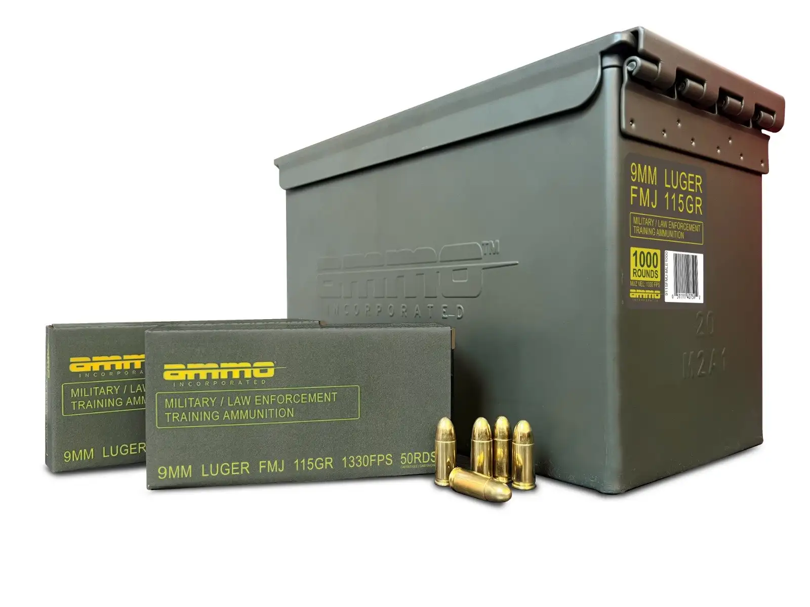 Ammo Inc 9mm 115gr FMJ Military-Law Enforcement Training Ammo 1,000rd Can - 9115FMJ-MLE1000