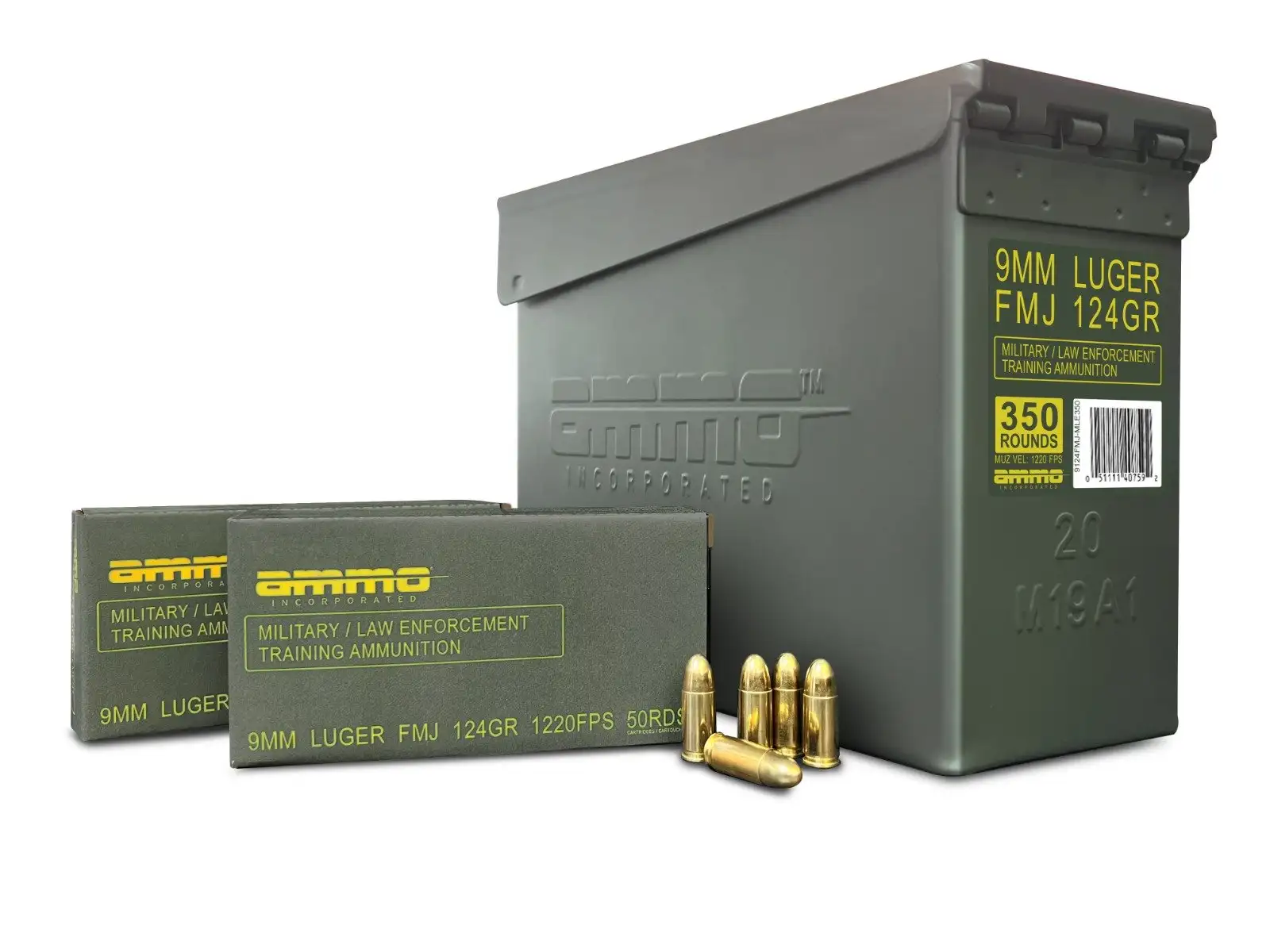 Ammo Inc 9mm 124gr FMJ Military-Law Enforcement Training Ammo 350rd Can - 9124FMJ-MLE350