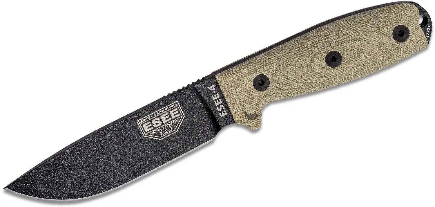 Esee Knives ESEE-4 black blade, green canvas micarta 3D handle, black sheath Esee Knives ESEE-4 black blade, green canvas micarta 3D handle, black sheath