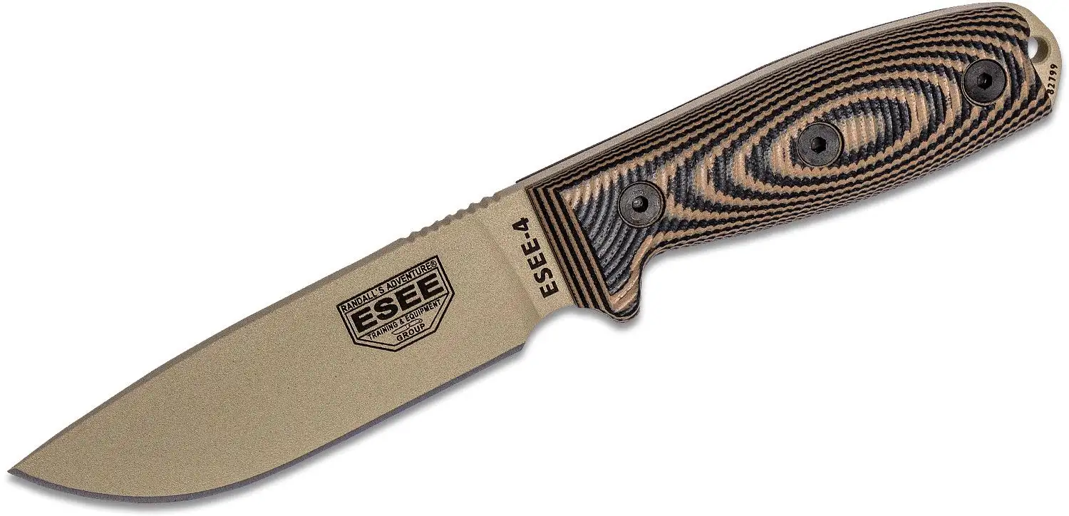 Esee Knives ESEE-4 desert tan blade, coyote/black G-10 3D handle, black sheath Esee Knives ESEE-4 desert tan blade, coyote/black G-10 3D handle, black sheath